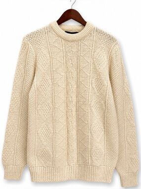 Vintage Wool Cable Knit Sweater Men’s XL Cream Chunky Cozy Fisherman Crewneck